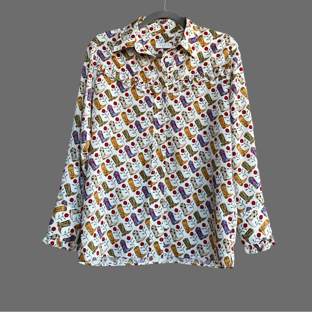 SANDRO Cream Cowboy Boot Printed French Western Ruffle Button Down Shirt Blouse - Picture 4 of 12